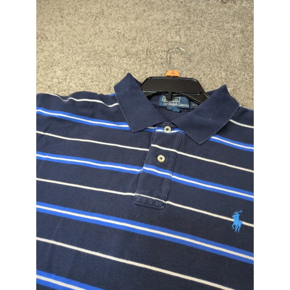 Polo Ralph Lauren Mens XL Navy Blue Striped Short Sleeve Cotton Polo Shirt